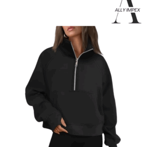 A stylish women’s half-zipper sweatshirt with a relaxed fit, high collar, and ribbed cuffs.